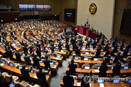 '법관 임성근 탄핵안' 통과에 항의하는 국민의힘(서울=연합뉴스) 진성철 기자 = 국민의힘 의원들이 4일 국회 본회의에서 '법관 임성근 탄핵소추안'이 통과되자 "사법장악 규탄한다, 김명수를 탄핵하라"를 외치며 항의하고 있다.  2021.2.4 zjin@yna.co.kr