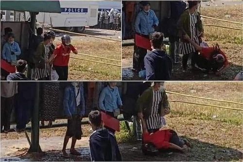 미야 테 테 카잉이 경찰이 쏜 실탄에 맞아 쓰러지는 모습[이라와디 캡처. 재판매 및 DB 금지]