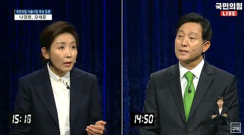 국민의힘 서울시장 경선에 출마한 나경원 오세훈 후보(왼쪽부터) [유튜브 '오른소리' 화면 캡처. 재판매 및 DB 금지]