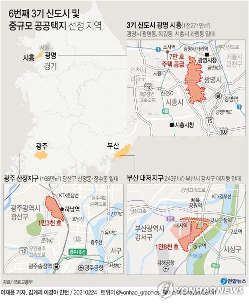 [그래픽] 6번째 3기 신도시 및 중규모 공공택지 선정 지역(종합)(서울=연합뉴스) 이재윤 기자 = yoon2@yna.co.kr