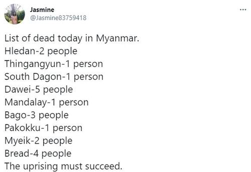 "미얀마 '피의 일요일' 사망자 속출"[트위터 @Jasmine83759418]