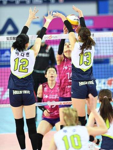 공중전을 펼치는 정지윤(오른쪽)[한국배구연맹 제공. 재판매 및 DB 금지]