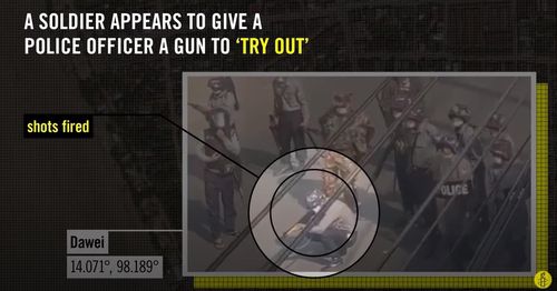 군인에게 건네받은 총으로 시위대에 총격 가하는 경찰[앰네스트 영상 캡처. 재판매 및 DB 금지]