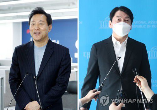 야권 단일화 입장밝히는 오세훈 안철수(서울=연합뉴스) 진성철 기자 = 서울시장 야권 후보 단일화 협상이  진통을 겪고 있는 가운데 14일 국민의힘 오세훈 서울시장 후보(왼쪽)가 서울 여의도 당사에서, 국민의당 안철수 서울시장 후보가 국회 소통관에서 각각 취재진의 질문에 답하고 있다.  2021.3.14 zjin@yna.co.kr