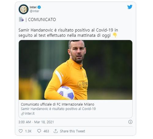한다노비치의 코로나19 감염 소식을 전한 인터 밀란.[인터 밀란 구단 트위터. 재판매 및 DB 금지]