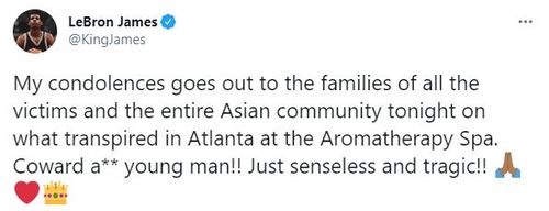 '애틀랜타 참사' 애도 트윗 올린 르브론 제임스[르브론 제임스 트위터 캡처. 재판매 및 DB 금지]