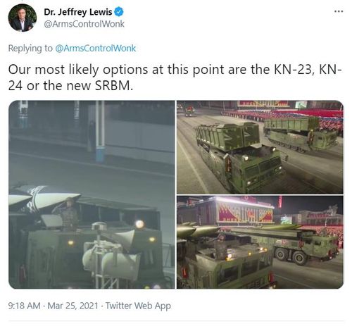 "현 시점에서 가장 가능성 있는 선택은 KN-23, KN-24 또는 신형 SRBM(단거리 탄도미사일)"[제프리 루이스 트위터 캡처, DB 및 재판매 금지]