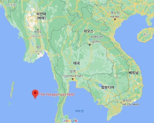 미얀마 영해의 예타곤 천연가스전 위치(빨간색)[구글맵]