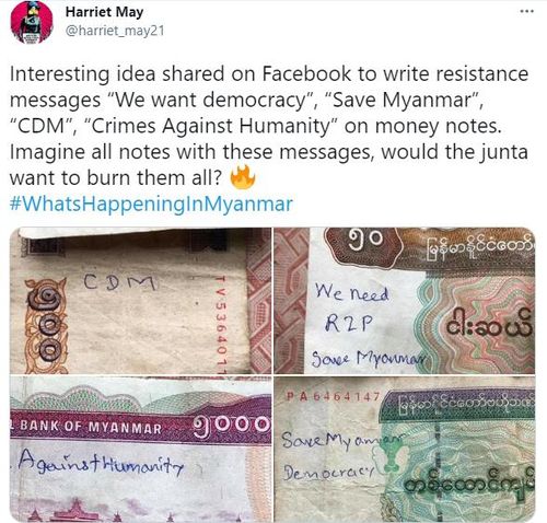 지폐에 '시민불복종운동'(CDM) 글자 적기 확산[트위터 @harriet_may21·재판매 및 DB 금지]