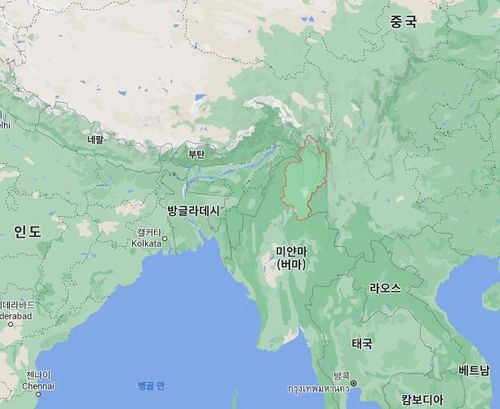 미얀마 최북단 카친주(빨간선) 위치[구글맵]