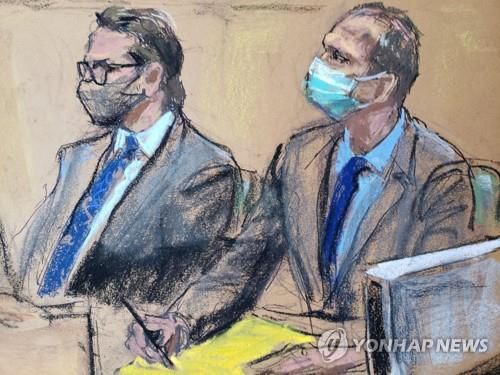 전 미니애폴리스 경찰관 데릭 쇼빈(오른쪽)과 변호인 에릭 넬슨이 29일(현지시간) 미 미네소타주 헤너핀카운티 법원에 앉아 있는 모습을 스케치한 그림. [로이터=연합뉴스]