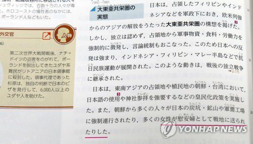 위안부 강제 동원 모호하게 표현한 교과서일본 문부과학성의 검정을 통과한 일본 고교 역사 교과서에 전쟁 중 벌어진 일본군 위안부 동원에 관해 '여성이 위안부로 전지(戰地)에 보내졌다'는 취지의 설명(붉은 밑줄)이 실려 있다.
    누가 피해자를 위안부로 동원했는지나 피해자들이 어떤 고통을 겪었는지를 이해하기 어려운 방식으로 모호하게 설명돼 있다. 2021.3.30 [연합뉴스 자료사진]