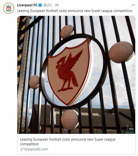 ESL 창설 계획을 알린 리버풀[리버풀 트위터 캡처. 재판매 및 DB 금지]