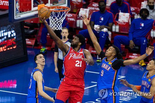 필라델피아 조엘 엠비드의 슛[Bill Streicher-USA TODAY Sports/로이터=연합뉴스]