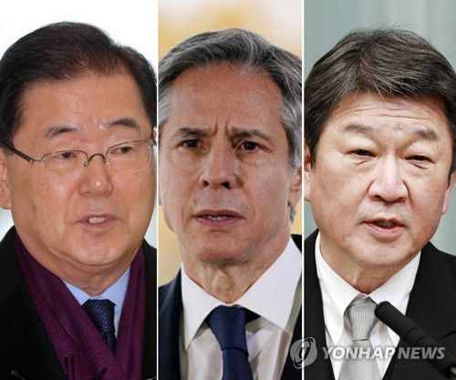 한미일 외교장관왼쪽부터 정의용 한국 외교부 장관, 토니 블링컨 미국 국무장관, 모테기 도시미쓰(茂木敏充) 일본 외무상 [연합뉴스·AFP·교도]