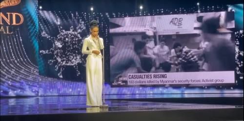 미얀마 군부가 100명 이상의 시민들의 목숨을 앗아간 3월27일 태국 방콕에서 열린 미스 그랜드 인터내셔널 무대에 올라 조국의 참상을 전하는 미스 미얀마 한 레이 
[Pageant of The Universe 유튜브 캡처. 재판매 및 DB 금지]