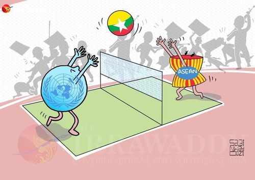 유엔과 아세안이 미얀마 사태 해결을 위한 공을 서로에게 떠넘기고 있다는 만평[SNS 캡처. 재판매 및 DB 금지]