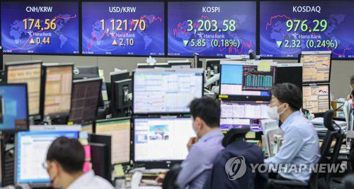 증시, 외환시장 오늘은?(서울=연합뉴스) 황광모 기자 = 12일 오전 서울 중구 하나은행 본점 딜링룸에 원/위안, 원/달러 환율과 코스피, 코스닥 지수가 표시돼 있다.
    전날 1% 이상 하락했던 12일 코스피가 3,209.36에 출발해 3,210선에서 등락하고 있다. 2021.5.12 hkmpooh@yna.co.kr