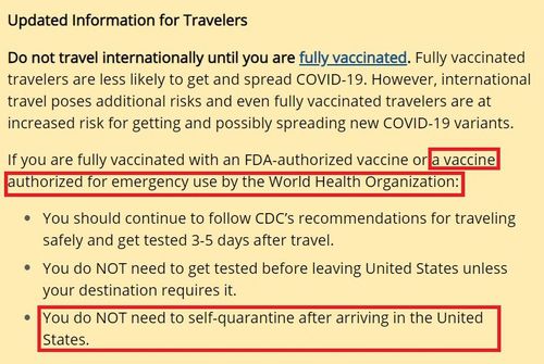 미국 질병예방통제센터의 백신 접종자 미국 도착 뒤 자가격리 지침 'WHO 긴급사용 승인 백신 접종자는 미국 도착 뒤 자가격리를 할 필요 없다'(빨간 표시 참고)는 미 질병예방통제센터(CDC)의 지침 [출처: 미 CDC 홈페이지]