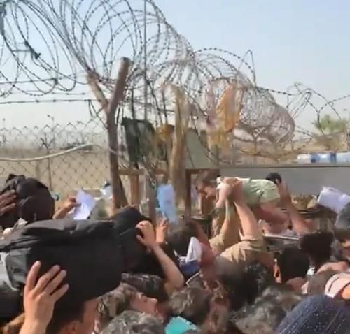 영국군이 지키는 호텔의 철조망 너머에서 군중이 머리 위로 아기를 옮기는 모습. 이 호텔에서는 엄마들이 아기를 철조망 너머로 던지는 일이 발생했다. [트위터 캡처. 재판매 및 DB 금지.]