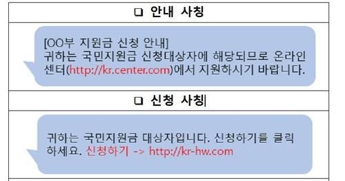 스미싱 문자 예시[과기정통부 제공. 재판매 및 DB 금지]