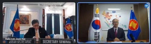 16일 아세안 사무총장과 임성남 아세안 대사 화상 회의[주아세안 한국대표부 제공=연합뉴스]