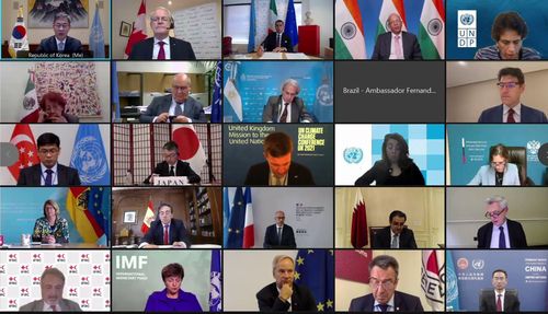 (서울=연합뉴스) 함상욱 외교부 다자외교조정관(맨 왼쪽 상단)이 22일(현지시간) 화상으로 개최된 아프가니스탄에 관한 주요 20개국(G20) 외교장관회의에 참석하고 있다. 2021.9.23 [외교부 제공, 재판매 및 DB 금지]