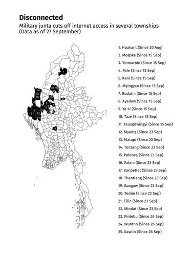 9월 27일 현재 인터넷이 차단된 미얀마 도시들.[SNS 캡처. 재판매 및 DB 금지]