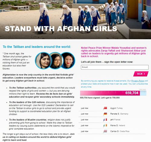 지난 17일 탈레반에 여학생 등교 재개를 촉구한 유사프자이 등 인권운동가들.[아바즈 청원사이트(secure.avaaz.org) 캡처. 재판매 및 DB 금지]
