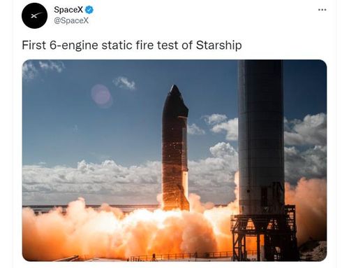 스타십 6개 엔진 정지발사 시험 성공을 알리는 스페이스X 트윗[스페이스X 트위터 캡처]