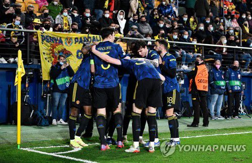 산초 득점에 기뻐하는 맨유 선수들[로이터=연합뉴스]