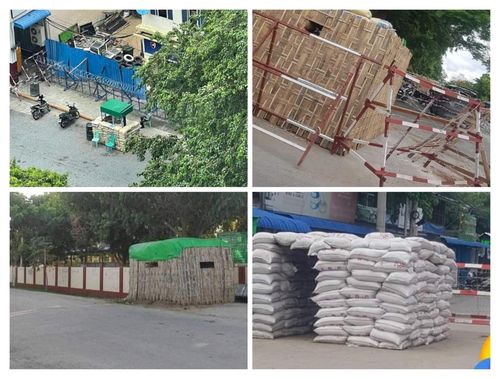 PDF 공격을 막기 위해 고심한 흔적이 역력한 최근의 양곤 초소와 경찰서 입구 모습.  [SNS 캡처. 재판매 및 DB 금지]