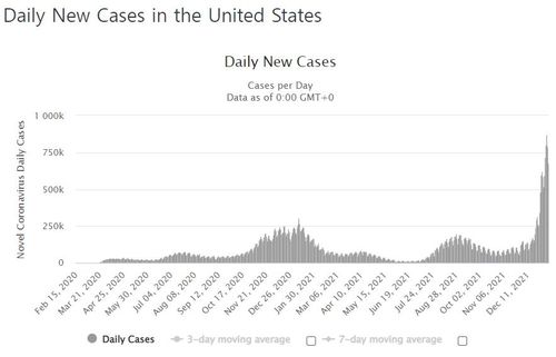 오미크론 변이와 함께 가파른 확산세 보이는 미국[국제통계사이트 월드오미터 캡처. DB 및 재판매 금지]