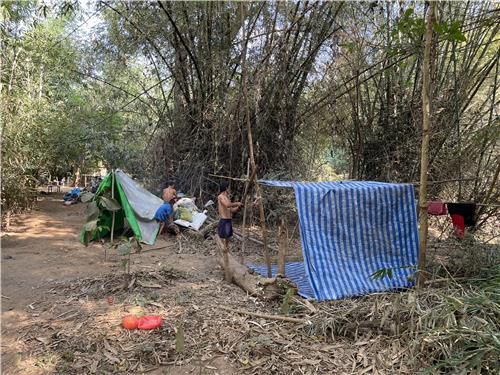카렌 난민이 나무와 비닐을 이용해 천막을 짓고 있다. 2022.1.16(폽프라[태국 딱주]=연합뉴스) 김남권 특파원
