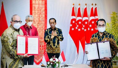 인도네시아-싱가포르 범죄인 인도조약·영공·방위협정 체결[인도네시아 대통령궁 제공, 재판매 및 DB금지]