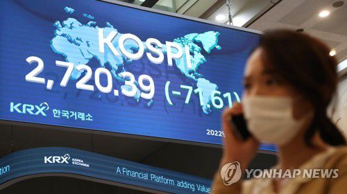 코스피-코스닥 동반 하락(서울=연합뉴스) 코스피가 2% 넘게 떨어진 25일 오후 서울 한국거래소 사옥 신관에서 직원이 전광판 앞을 지나고 있다. 코스피는 전날보다 71.61포인트(2.56%) 내린 2,720.39에 장을 마쳤고, 코스닥지수는 25.96포인트(2.84%) 내린 889.44에 마감했다. 2022.1.25 [한국거래소 제공. 재판매 및 DB 금지] photo@yna.co.kr