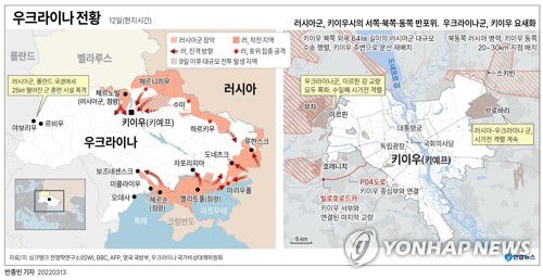 [그래픽] 우크라이나 전황(서울=연합뉴스) 반종빈 기자 = 개전 17일째로 접어든 12일(현지시간) 우크라이나 수도 키이우(키예프)를 둘러싼 '키이우 공방전'의 서전(緖戰)이 시작됐다.     러시아군은 키이우 도심에서 불과 25㎞ 떨어진 지점까지 육박했으며, 우크라이나군은 키이우를 요새화하고 결사 항전의 결의를 다졌다.     bjbin@yna.co.kr     페이스북 tuney.kr/LeYN1 트위터 @yonhap_graphics 인스타그램@yonhapgraphic