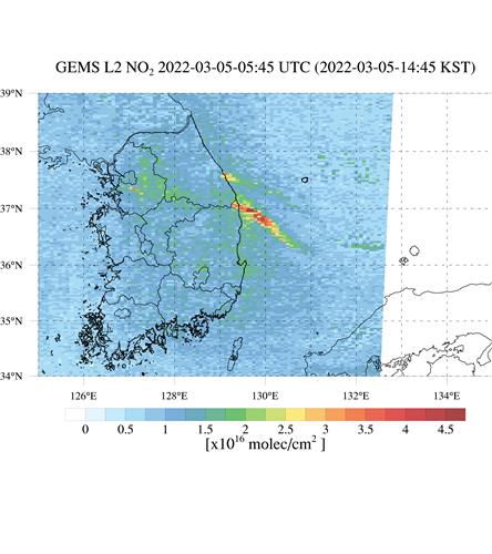 동해안 산불 이산화질소 위성영상(서울=연합뉴스) 3월 5일 동해안 산불 이산화질소 위성영상. [국립환경과학원 제공. 재판매 및 DB 금지]