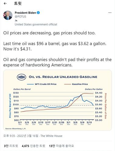 조 바이든 대통령 트윗[트위터 갭쳐=연합뉴스. 재판매 및 DB저장 금지]