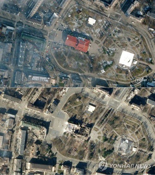 러군 폭격 전후 '어린이 대피' 우크라 극장 위성사진(마리우폴 AFP=연합뉴스) 어린이 등 민간인 수백 명이 피신 중이던 우크라이나 동부 아조우해(아조프해) 연안 마리우폴 극장의 러시아군 폭격 전후 모습. 위는 폭격을 당하기 전인 지난 10일(현지시간), 아래는 피격 후인 21일 촬영한 위성사진. 러시아군은 지난 14일 이 극장을 공습해 어린이 등 최소 30명이 숨지고 100여 명이 부상했다. 당시 이 극장 건물 앞뒤 바닥에는 어린이가 대피해 있음을 알리는 '어린이들'(ДЕТИ)이란 대형 러시아어 글자가 공중에서 볼 수 있도록 쓰여 있었지만 러시아군은 이를 무시한 채 공격을 감행했다. [플래닛 랩스 제공. 판매·광고 금지] 2022.3.24 sungok@yna.co.kr