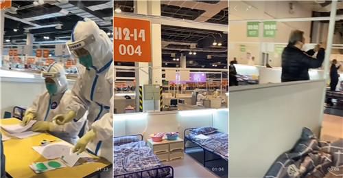 침상 촘촘히 설치된 싱하이의 코로나19 임시 병원(상하이=연합뉴스) 차대운 특파원 = 중국 상하이 푸둥신구의 세계엑스포컨벤션센터 내부. 2022.3.28 [더우인 동영상 캡처] cha@yna.co.kr (끝)