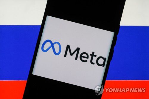 러시아 국기 위 메타 로고[타스 연합뉴스 자료사진. 재판매 및 DB 금지]