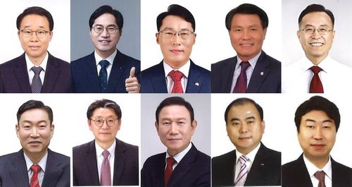 김해시장 예비후보윗줄 왼쪽부터 시계방향으로 박성호·공윤권(이상 민주당), 박동진·박병영·황전원·권통일·양대복·김성우·홍태용·박영진 예비후보(이상 국민의힘). [중앙선관위 홈페이지 자료]