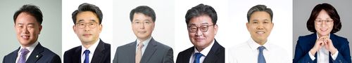 이재수 현 춘천시장(맨 왼쪽)과 선관위 춘천시장 예비후보자 명부 등록순민주당 소속 왼쪽부터 이 시장 [춘천시 제공], 강청룡, 육동한, 유정배, 황관중, 허소영 예비후보. [선관위 홈페이지 사진 갈무리]