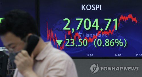 코스피, 2,704.71 마감(서울=연합뉴스) 이지은 기자 = 22일 오후 서울 중구 하나은행 본점 딜링룸에서 직원이 업무를 보고 있다. 이날 코스피는 전날보다 23.50포인트(0.86%) 내린 2,704.71에, 코스닥지수는 6.90포인트(0.74%) 내린 922.78에 장을 마쳤다. 원/달러 환율은 0.1원 오른 1,239.1원에 마감했다. 2022.4.22 jieunlee@yna.co.kr