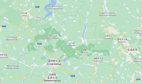 이지움 남부에 있는 도네츠크주 슬라뱐스크와 크라마토르스크로 [구글 지도 캡처. 재판매 및 DB 금지]
