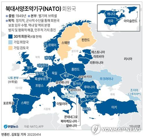 [그래픽] 북대서양조약기구(NATO) 회원국(서울=연합뉴스) 반종빈 기자 = 블라디미르 푸틴 러시아 대통령은 '북대서양조약기구(NATO·나토) 저지'를 명분으로 내세우면서 우크라이나를 침공했지만, 오히려 러시아에 위협을 느낀 중립국 스웨덴과 핀란드의 나토 가입이 급물살을 타면서 푸틴의 또 다른 자충수라는 지적이 나온다고 미 일간 뉴욕타임스(NYT)가 지난 13일(현지시간) 보도했다.     bjbin@yna.co.kr     트위터 @yonhap_graphics  페이스북 tuney.kr/LeYN1