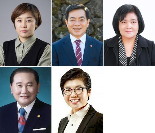 제주도지사 선거에 출사표 던진 예비후보들(제주=연합뉴스) 제주도지사 선거에 출사표를 던진 소수정당과 무소속 예비후보들의 모습. 시계방향 순서로 부순정 제주녹색당 공동운영위원장, 박찬식 제주가치 공동대표, 부임춘 전 제주신문 대표, 장정애 제주해녀문화보전회 이사장, 오영국 송호대학교 산학협력 연구교수. 2022.4.28 [각 선거캠프 제공, 재판매 및 DB 금지]