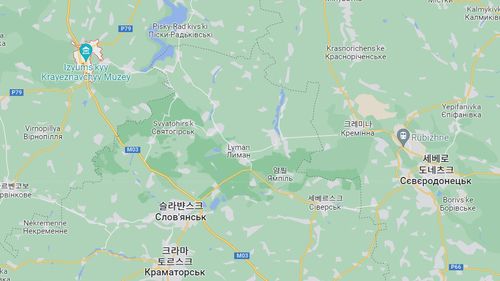 이지움(표시) 남동부 방향으로 리만, 슬라뱐스크, 크라마토르스크 위치[구글맵 캡처. 재판매 및 DB 금지]