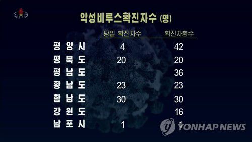 14일 오후 현재 북한 코로나19 사망자 현황(서울=연합뉴스) 북한 국가비상방역사령부 관계자인 류영철은 16일 조선중앙TV에 출연해 14일 오후 6시 현재 각 지역의 신종코로나바이러스 감염증(코로나19) 확진자와 발열자 수를 상세히 소개했다. 평양시내 확진자 42명으로, 7개 직할시 및 도 전체 확진자 168명 중 25%에 해당한다. 평양의 유증상자는 14일 하루동안에만 8천3천445명으로, 13개 직할시 및 도 가운데서 압도적으로 많았다. 황해남도 2만2천808명을 제외한 나머지 지멱은 1만명대 미만이었다. [조선중앙TV 화면] 2022.5.16      [국내에서만 사용가능. 재배포 금지. For Use Only in the Republic of Korea. No Redistribution] nkphoto@yna.co.kr